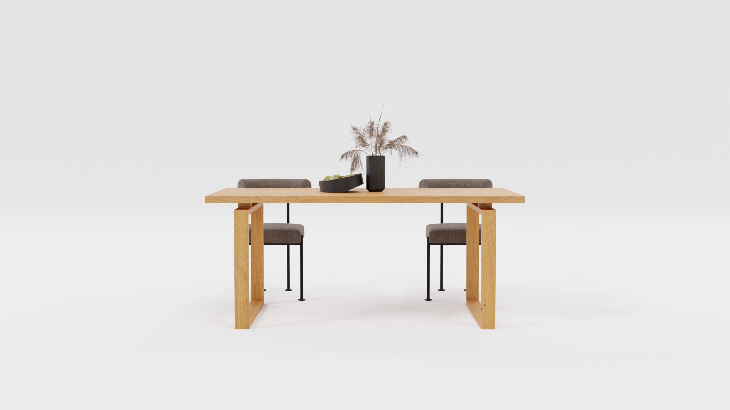 Stół drewniany z geometrycznymi nogami widok od frontu