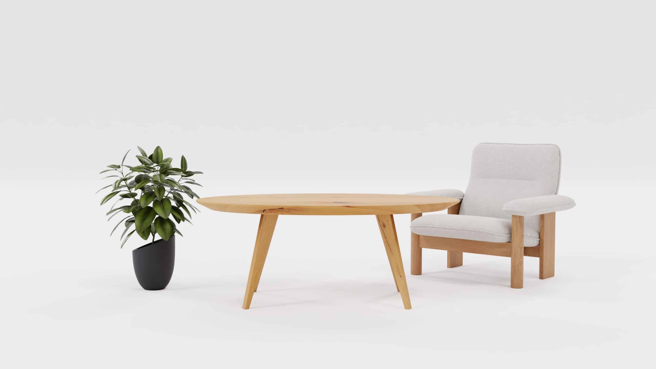 Owalny stół drewniany Elips, obok kwiat i krzesło
