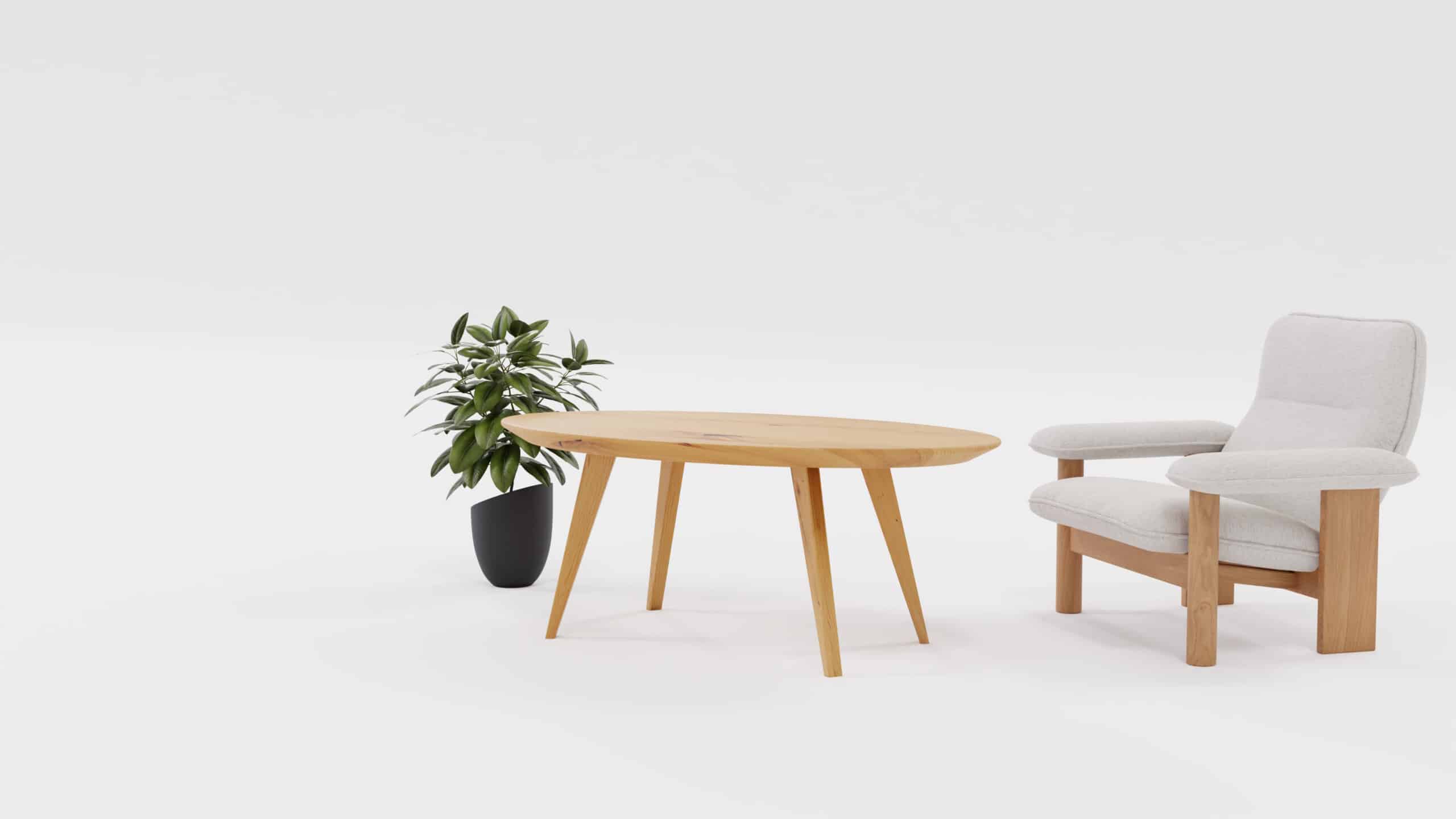 Owalny stół drewniany Elips, obok kwiat i krzesło